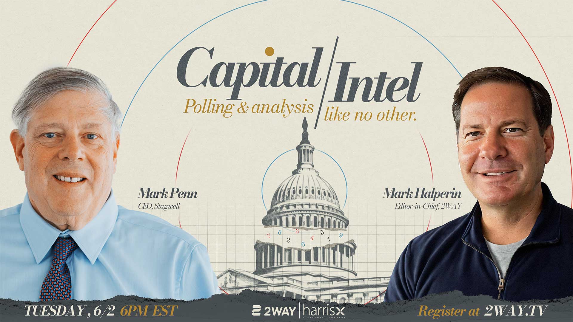 Two men flank a political-themed poster featuring Capitol Intel logo and the U.S. Capitol dome illustration.