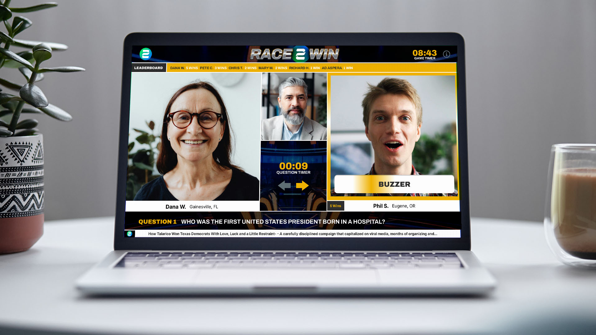 Screen view of a game show interface on a laptop: three video panels (woman left, man middle, man right) with a buzzer and question text below.